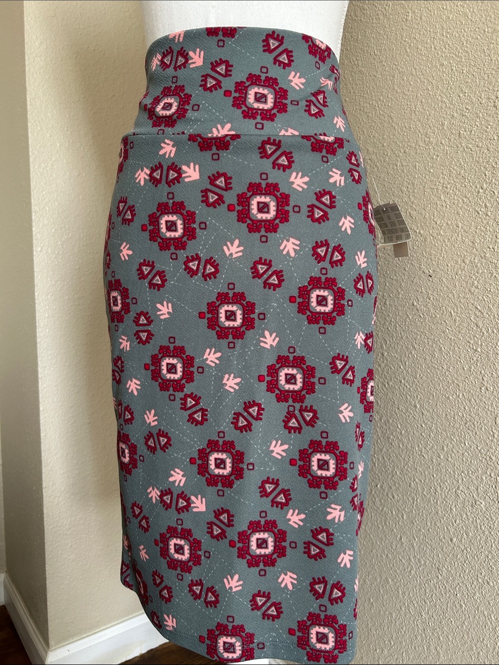 Grey Pencil Skirt with Red and Pink Medallion Print